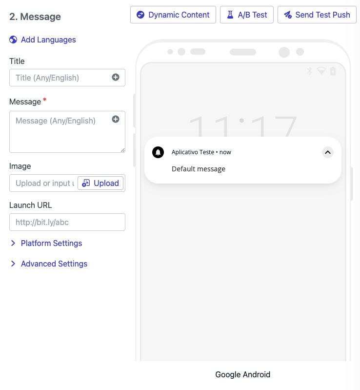 Dashboard para criação de notificação push